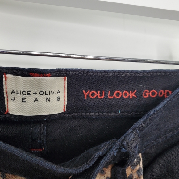 Alice + Olivia Leopard Print High Rise Skinny Jeans Queen Of The Night Black Raw - Picture 6 of 8